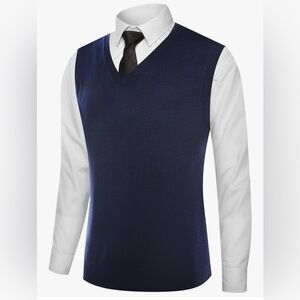 Kallspin Classic Navy Blue Wool Blend V-Neck Sweater Vest, Size L